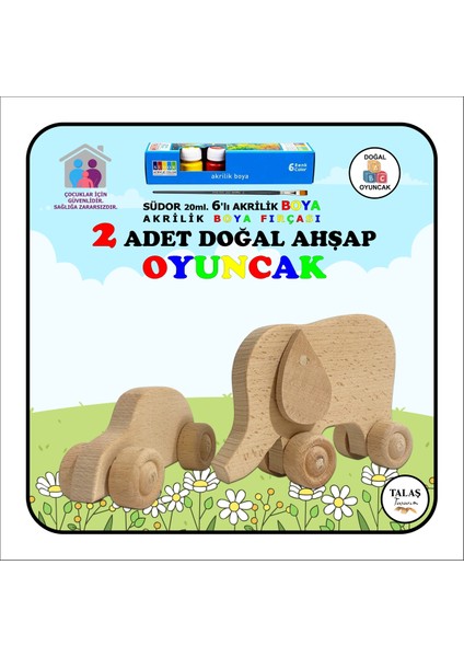 Doğal Ahşap Fil Oyuncak, Ahşap Araba ve Akrilik Boya Seti, Kahverengi