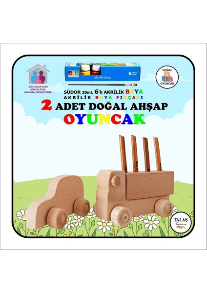 Doğal Ahşap Kamyon Kalemlik, Ahşap Araba ve Akrilik Boya Seti, Kahverengi