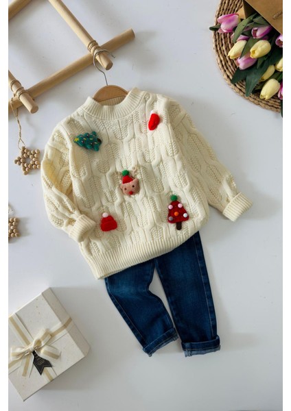 Yılbaşı Konsepli Taytlı Triko Unisex çocuk takım - Krem