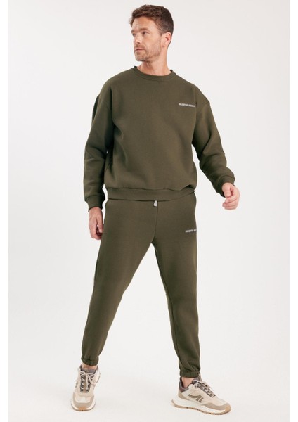 Erkek Relax Fit Pamuklu 3 Iplik Yumuşak Dokulu Içi Polarlı Bisiklet Yaka Haki Eşofman Takımı