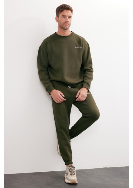 Erkek Relax Fit Pamuklu 3 Iplik Yumuşak Dokulu Içi Polarlı Bisiklet Yaka Haki Eşofman Takımı fiyatları