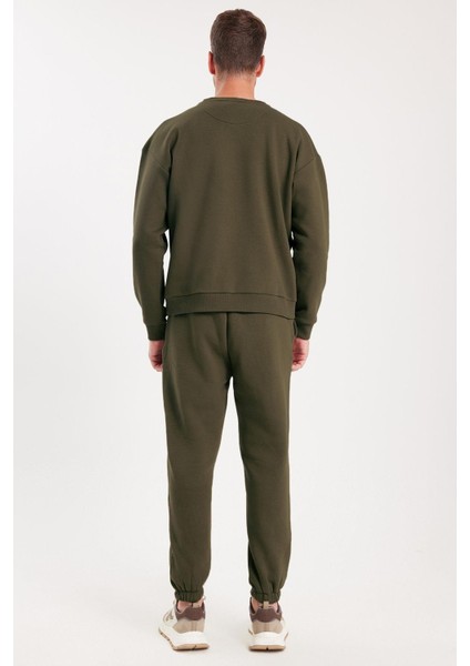 Erkek Relax Fit Pamuklu 3 Iplik Yumuşak Dokulu Içi Polarlı Bisiklet Yaka Haki Eşofman Takımı