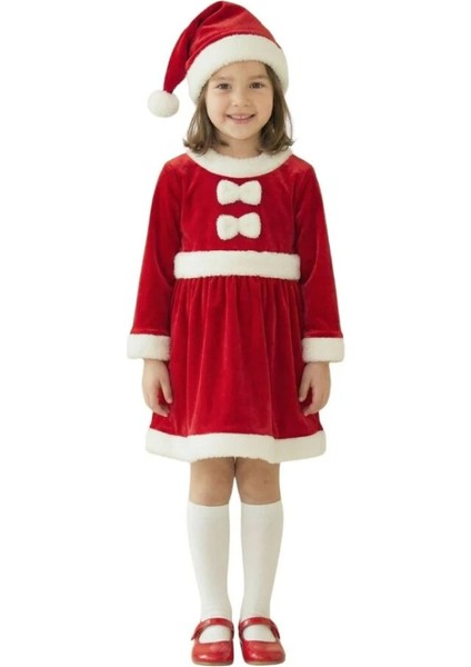 Kadife Kumaş Fiyonklu Noel Anne Kostümü