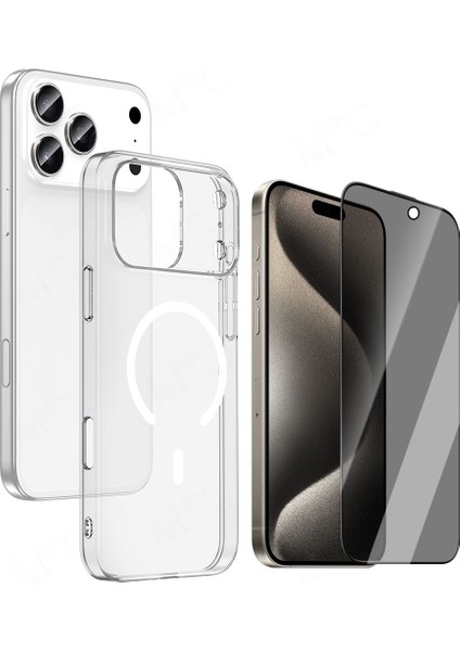 Apple iPhone 17 Pro Kılıf Zore M-Safe Şarj Özellikli Şeffaf Kamera Çerçeveli Porto Kapak + Hayalet Ekran Koruyucu