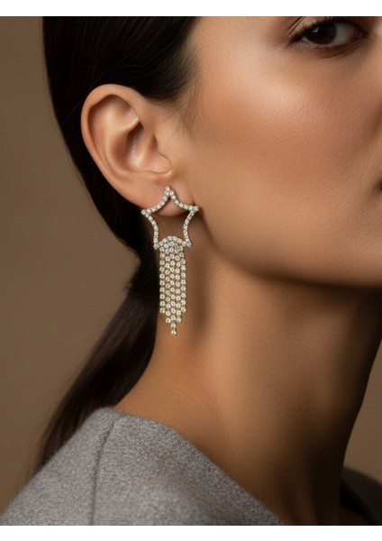 Kadın Yıldız Form Taşlı Uzun Sallantılı Abiye Küpe