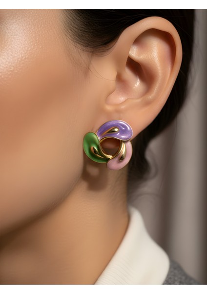 Üç Renkli Pastel Form Gold Vip Küpe | Trend Küpe | Zarif Kadın Küpe