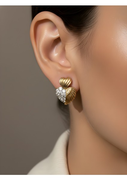 Taşlı Kalp Form Gold Vip Küpe | Trend Küpe | Zarif Kadın Küpe