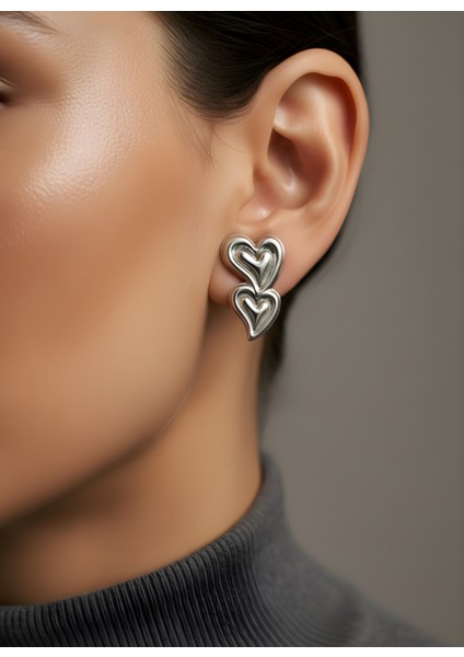 Çift Kalp Form Parlak Gümüş Vip Küpe | Trend Küpe | Zarif Kadın Küpe