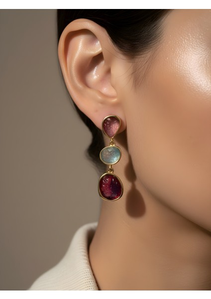 Üç Renkli Taş Detaylı Gold Vip Küpe | Trend Küpe | Zarif Kadın Küpe