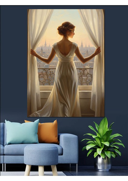 Beyaz Elbiseli Arkası Dönük Kadın Dekoratif Kanvas - Mdf Ahşap Tablo