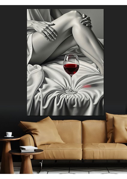 Gözü Kapalı Şarap Içen Kadın Dekoratif Kanvas - Mdf Ahşap Tablo