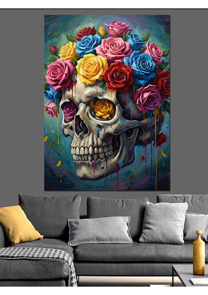 Kafatası Çiçeklerle Süslü Dekoratif Kanvas - Mdf Ahşap Tablo