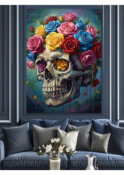 Kafatası Çiçeklerle Süslü Dekoratif Kanvas - Mdf Ahşap Tablo fiyatları
