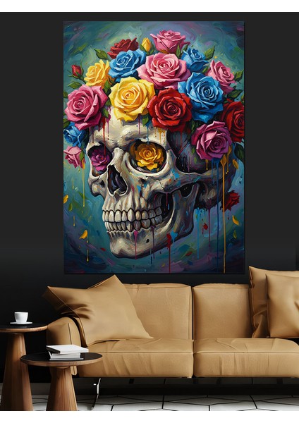 Kafatası Çiçeklerle Süslü Dekoratif Kanvas - Mdf Ahşap Tablo modelleri