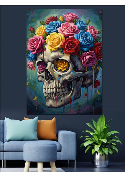 Kafatası Çiçeklerle Süslü Dekoratif Kanvas - Mdf Ahşap Tablo fırsatları