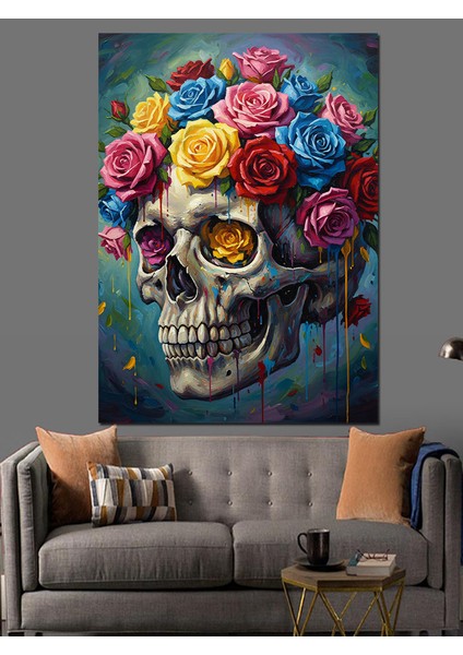 Kafatası Çiçeklerle Süslü Dekoratif Kanvas - Mdf Ahşap Tablo indirimleri
