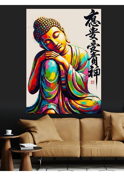 Gökkuşağı Renklerinde Oturan Buddha Dekoratif Kanvas - Mdf Ahşap Tablo