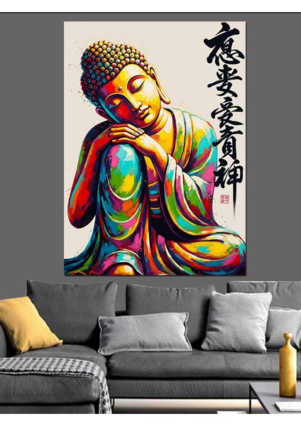 Gökkuşağı Renklerinde Oturan Buddha Dekoratif Kanvas - Mdf Ahşap Tablo fırsatları