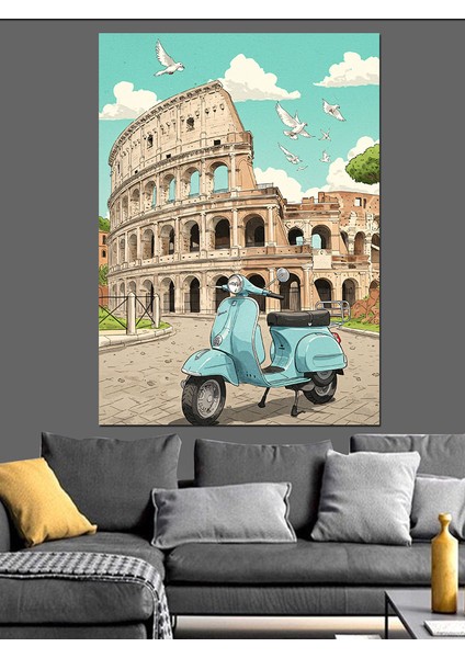 Kolezyum Scooter Antik Roma Dekoratif Kanvas - Mdf Ahşap Tablo
