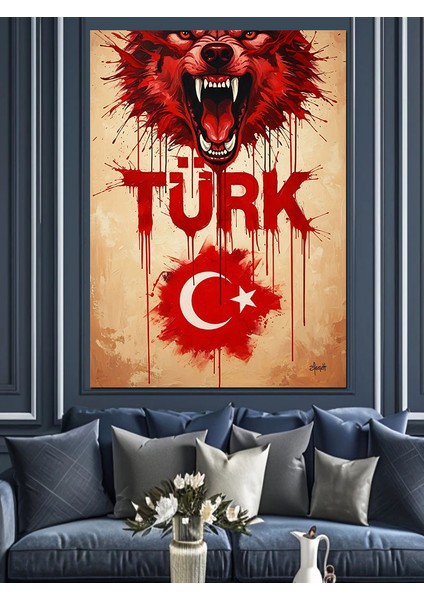 Kurt Türk Bayrağı Dövme Dekoratif Kanvas - Mdf Ahşap Tablo