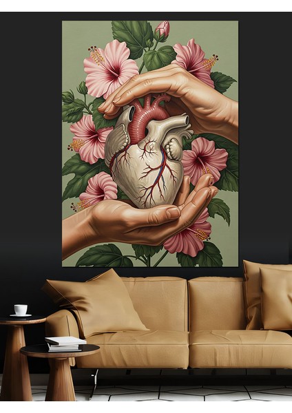 Kalp Tutan Çiçekli Eller Dekoratif Kanvas - Mdf Ahşap Tablo