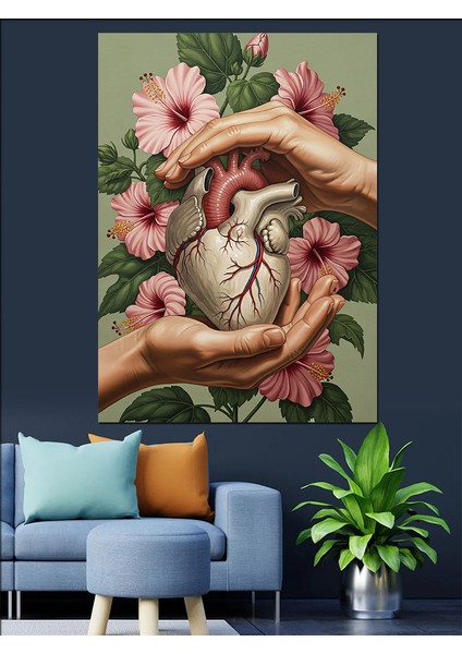 Kalp Tutan Çiçekli Eller Dekoratif Kanvas - Mdf Ahşap Tablo fiyatları