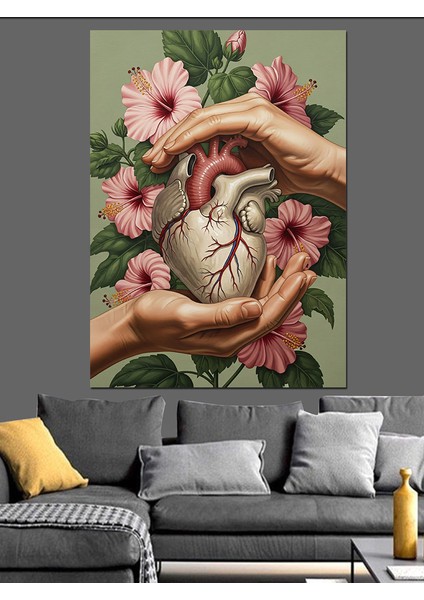 Kalp Tutan Çiçekli Eller Dekoratif Kanvas - Mdf Ahşap Tablo fırsatları