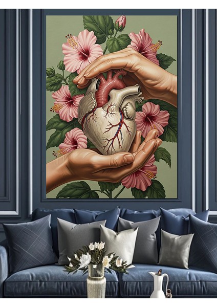 Kalp Tutan Çiçekli Eller Dekoratif Kanvas - Mdf Ahşap Tablo indirimleri