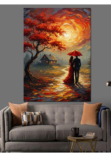 Gün Batımı Kırmızı Ağaç Aşık Çift Dekoratif Kanvas - Mdf Ahşap Tablo