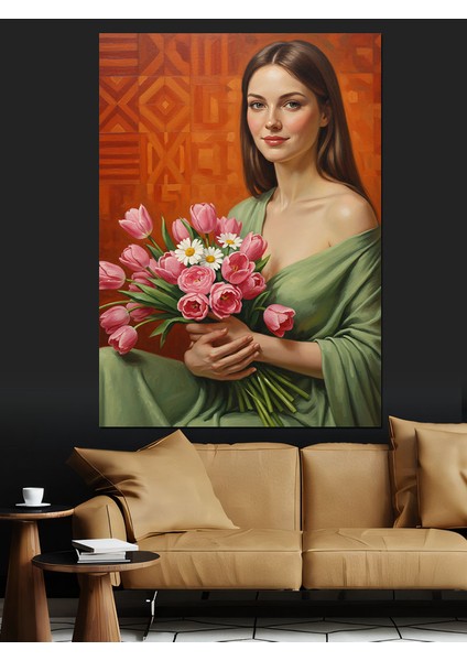 Kırmızı Çiçek Tutan Kadın Dekoratif Kanvas - Mdf Ahşap Tablo