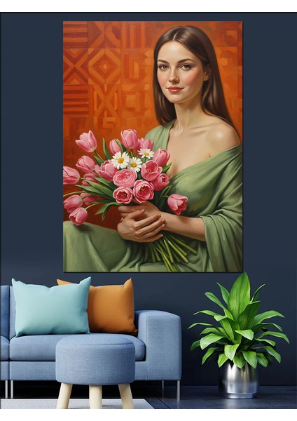 Kırmızı Çiçek Tutan Kadın Dekoratif Kanvas - Mdf Ahşap Tablo fiyatları