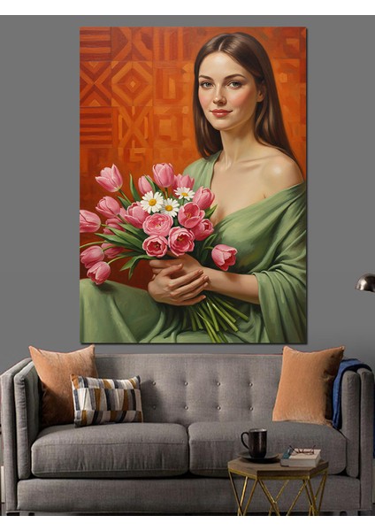 Kırmızı Çiçek Tutan Kadın Dekoratif Kanvas - Mdf Ahşap Tablo modelleri