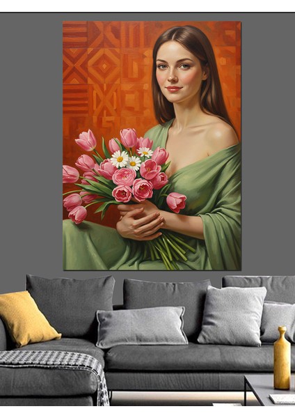 Kırmızı Çiçek Tutan Kadın Dekoratif Kanvas - Mdf Ahşap Tablo fırsatları