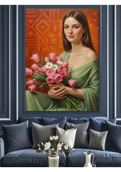 Kırmızı Çiçek Tutan Kadın Dekoratif Kanvas - Mdf Ahşap Tablo indirimleri