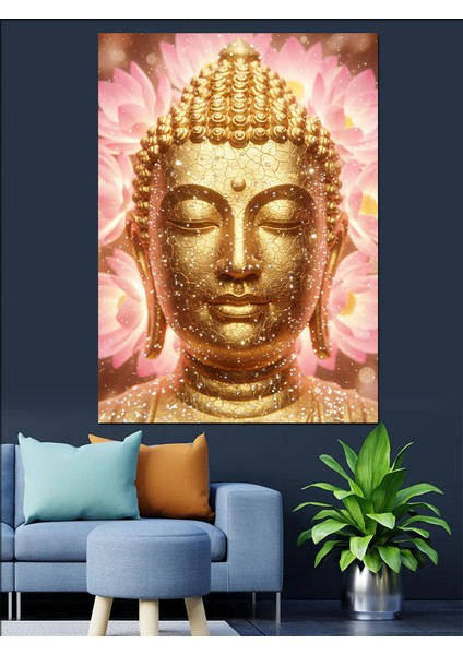 Altın Buddha Kafası Huzurlu Dekoratif Kanvas - Mdf Ahşap Tablo
