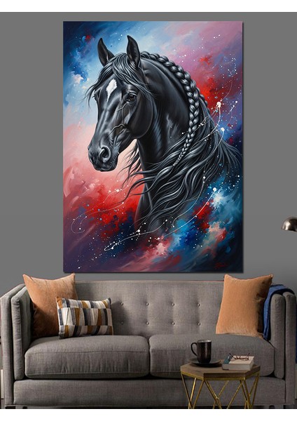 Uzayda Siyah At Portresi Dekoratif Kanvas - Mdf Ahşap Tablo
