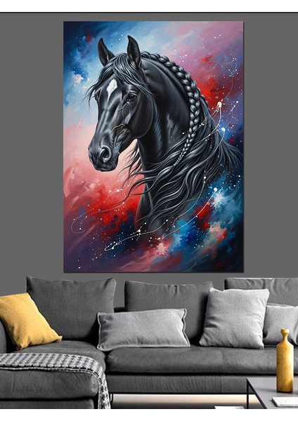 Uzayda Siyah At Portresi Dekoratif Kanvas - Mdf Ahşap Tablo fiyatları