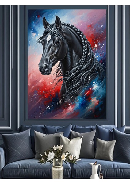 Uzayda Siyah At Portresi Dekoratif Kanvas - Mdf Ahşap Tablo modelleri