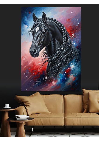 Uzayda Siyah At Portresi Dekoratif Kanvas - Mdf Ahşap Tablo fırsatları