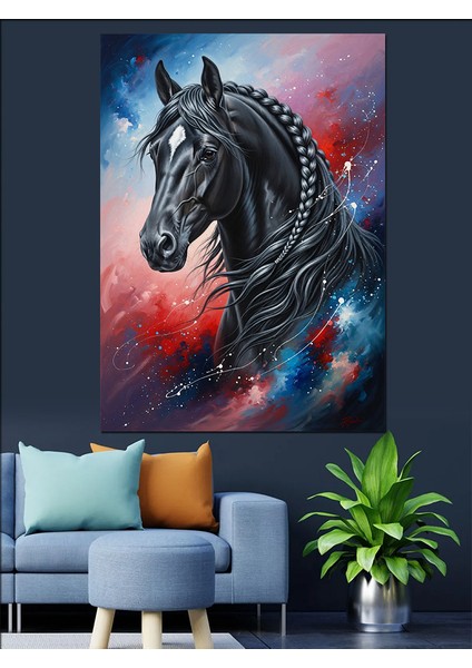 Uzayda Siyah At Portresi Dekoratif Kanvas - Mdf Ahşap Tablo indirimleri