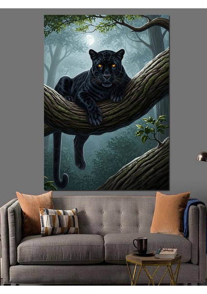 Siyah Kara Panter Puma Kedi Ağaç Dalı Dekoratif Kanvas - Mdf Ahşap Tablo