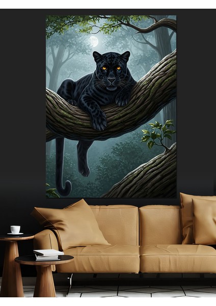 Siyah Kara Panter Puma Kedi Ağaç Dalı Dekoratif Kanvas - Mdf Ahşap Tablo modelleri
