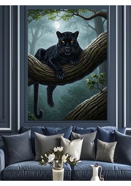 Siyah Kara Panter Puma Kedi Ağaç Dalı Dekoratif Kanvas - Mdf Ahşap Tablo fırsatları