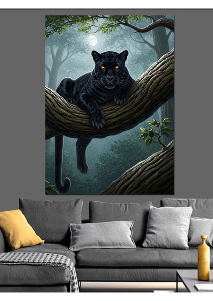 Siyah Kara Panter Puma Kedi Ağaç Dalı Dekoratif Kanvas - Mdf Ahşap Tablo indirimleri