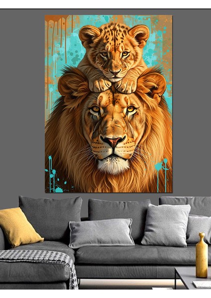 Anne Aslan ve Yavrusu Portresi Vahşi Dekoratif Kanvas - Mdf Ahşap Tablo