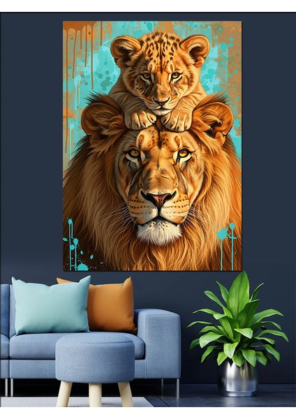 Anne Aslan ve Yavrusu Portresi Vahşi Dekoratif Kanvas - Mdf Ahşap Tablo modelleri