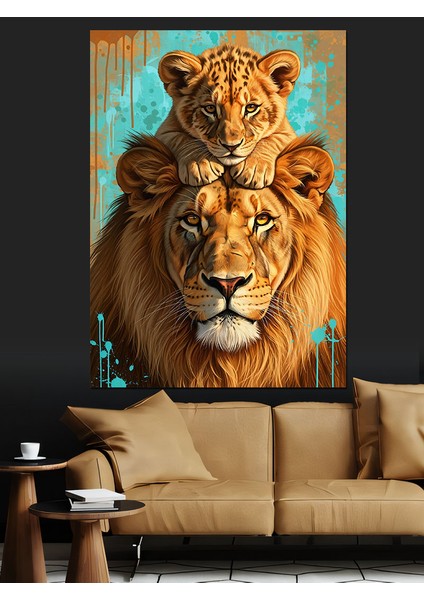 Anne Aslan ve Yavrusu Portresi Vahşi Dekoratif Kanvas - Mdf Ahşap Tablo fırsatları