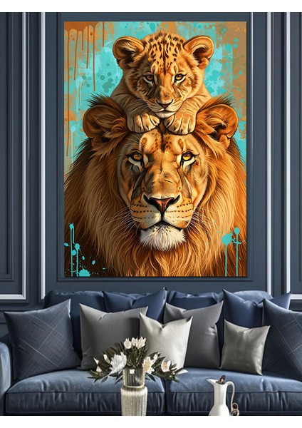 Anne Aslan ve Yavrusu Portresi Vahşi Dekoratif Kanvas - Mdf Ahşap Tablo indirimleri