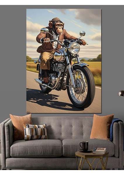 Motosiklet Süren Kasklı Maymun Dekoratif Kanvas - Mdf Ahşap Tablo