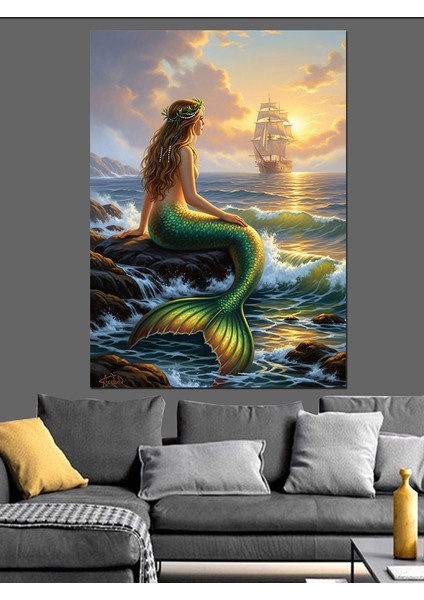 Deniz Kızı Gün Batımı Yelkenli Dekoratif Kanvas - Mdf Ahşap Tablo